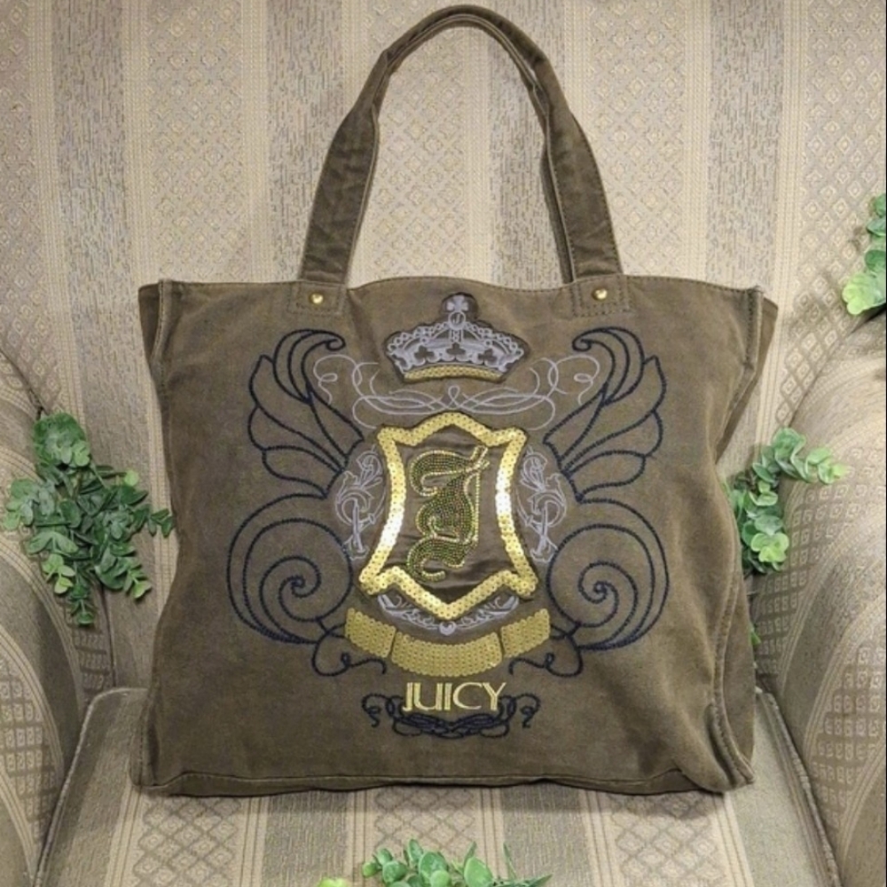 Juicy Couture Y2K Vintage Canvas Embellised Tote In Olive Color